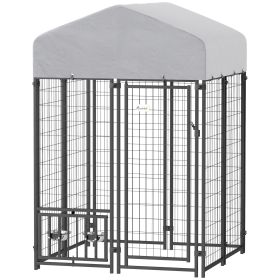 PawHut Welded Wire Outdoor Dog Kennel with 360Â° Rotating & 4 Levels Adjustable Bowls, Waterproof Cover, 3.9' x 3.9' x 6