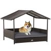 PawHut Wicker Dog Bed Outdoor, with Rattan Canopy, Elevated & Cushioned PE Rattan Dog / Cat House with Sleeping Pad, Gray