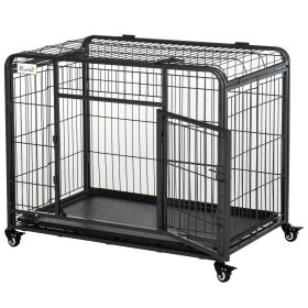 PawHut Metal Dog Crate 37" Heavy Duty Folding Kennel with Removable Tray Cover 4 Wheels Gray
