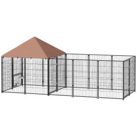 PawHut Large Outdoor Dog Kennel with Rotating & Adjustable Height Bowls, Waterproof & UV-Resistant Canopy, 11.3' x 4.7' x 5.1'