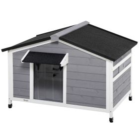 PawHut Wooden Cabin Style Outdoor Dog House with Openable Roof, Removable Bottom, Windows, Curtain, Foot Covers, Gray