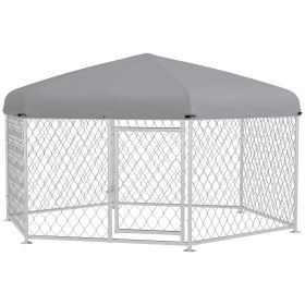 PawHut 6.9' x 6.1' x 4.9' Outdoor Dog Kennel for Medium and Large-Sized Dogs with Waterproof UV Resistant Roof, Silver