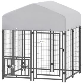 PawHut Welded Wire Outdoor Dog Kennel with 360Â° Rotating & 4 Levels Adjustable Bowls, Waterproof Cover, 3.9' x 3.9' x 4