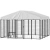 PawHut Welded Wire Outdoor Dog Kennel with 360Â° Rotating & 4 Levels Adjustable Bowls, Waterproof Cover, 9.8' x 9.8' x 6.8'