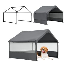 4' x 4' x 3.3' Outdoor Dog House Tent with 3-Sided Mesh Windows, Pet Shelter with Canopy and Ground Stakes, Gray