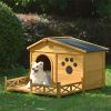 48" Wooden Dog House Outdoor with Porch, Dog Kennel with Water-Resistant Asphalt Roof and Fencing,Indoor & Outdoor Dog Crate with Paw Print, Medium
