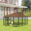 PawHut 6.9'x6.9'x5' Outdoor Dog Kennel with Canopy, Coffee Garden Playpen Fence Crate Enclosure Cage, Rotating Bowl Secure Pet Play