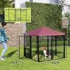 PawHut Welded Wire Outdoor Dog Kennel with 360Â° Rotating & 4 Levels Adjustable Bowls, Waterproof Cover, 4.6' x 4.6' x 5'