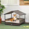 PawHut Wicker Dog House Indoor Outdoor Removable Cushion Lounge Khaki