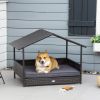 PawHut Wicker Dog Bed Outdoor, with Rattan Canopy, Elevated & Cushioned PE Rattan Dog / Cat House with Sleeping Pad, Gray
