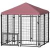 PawHut Welded Wire Outdoor Dog Kennel with 360Â° Rotating & 4 Levels Adjustable Bowls, Waterproof Cover, 4.6' x 4.6' x 5'