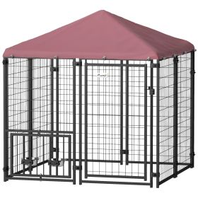 PawHut Welded Wire Outdoor Dog Kennel with 360Â° Rotating & 4 Levels Adjustable Bowls, Waterproof Cover, 4.6' x 4.6' x 5'